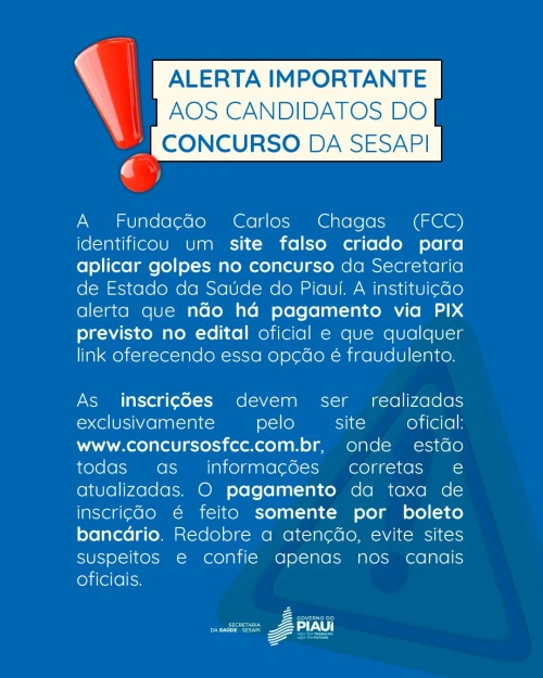 Sesapi faz alerta contra site falso para inscrições em concurso público