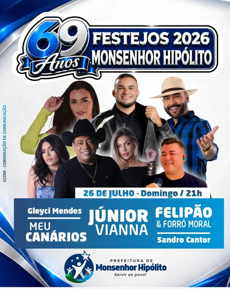 Prefeitura anuncia shows com Júnior Vianna e mais 4 atrações para os 69 anos de Monsenhor Hipólito